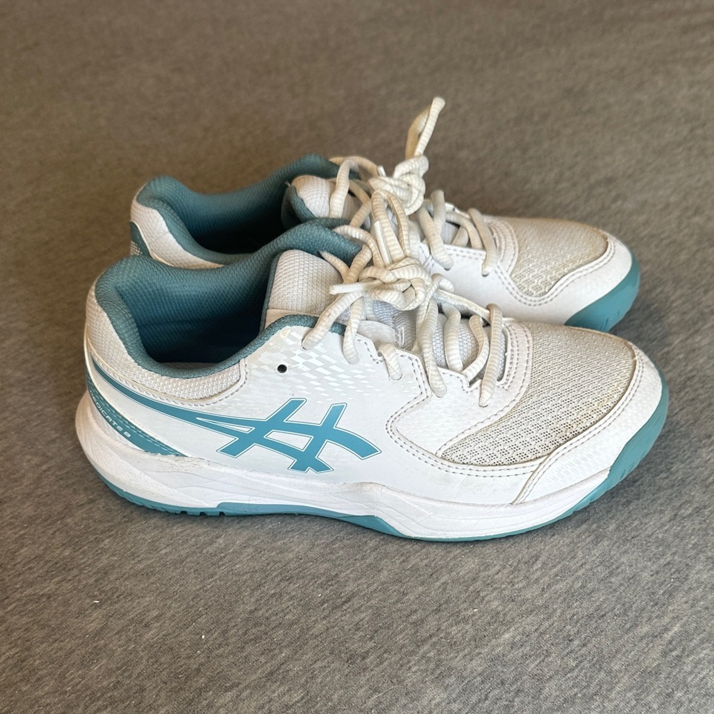 Kids White and Teal Asics Shoes